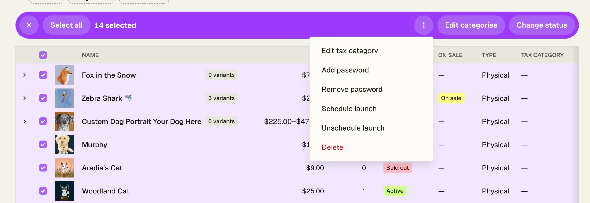 Bulk-edit toolbar with 14 products selected and a dropdown showing Add password and Schedule launch options