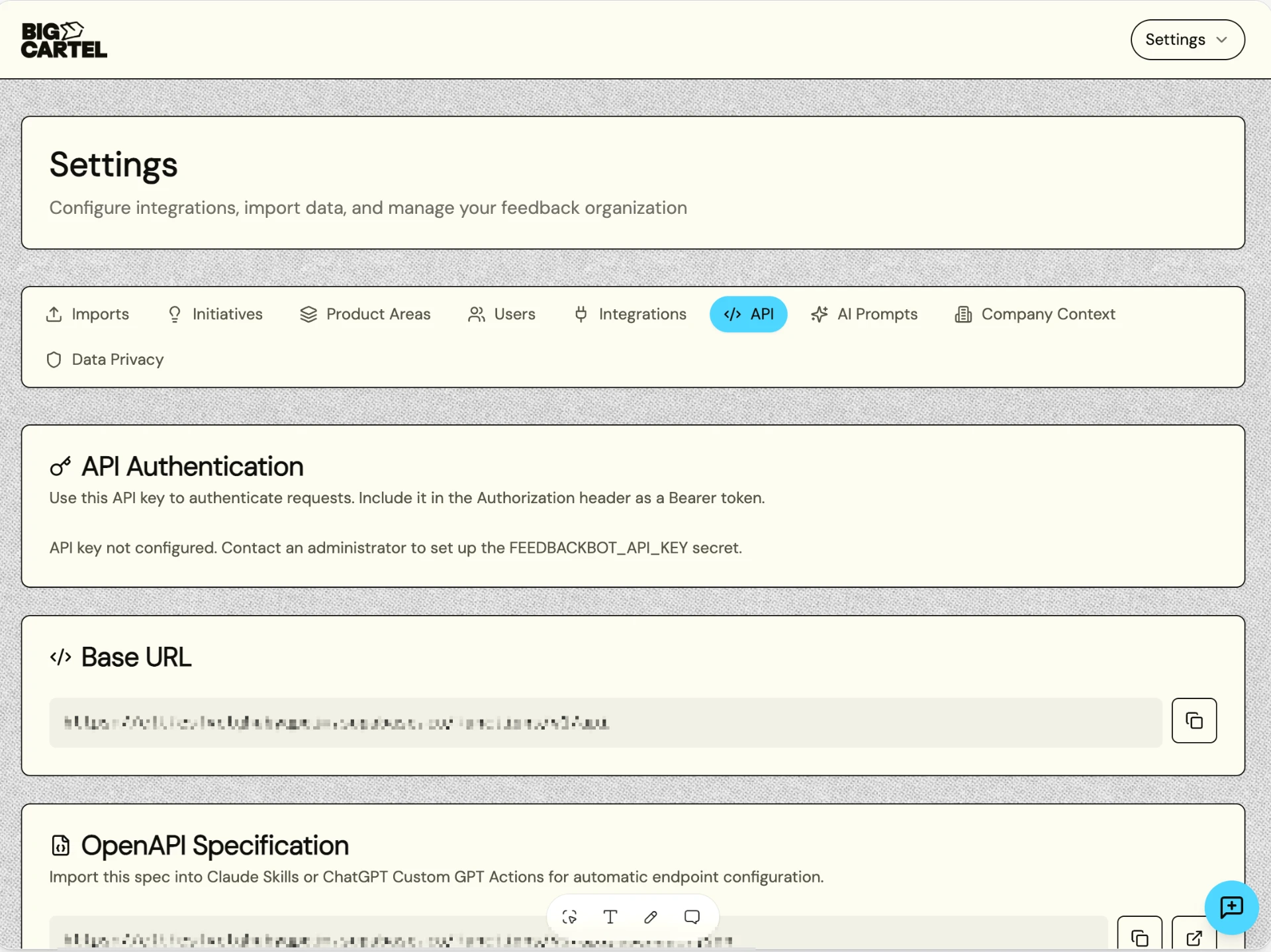 Settings screen showing API and integration configuration