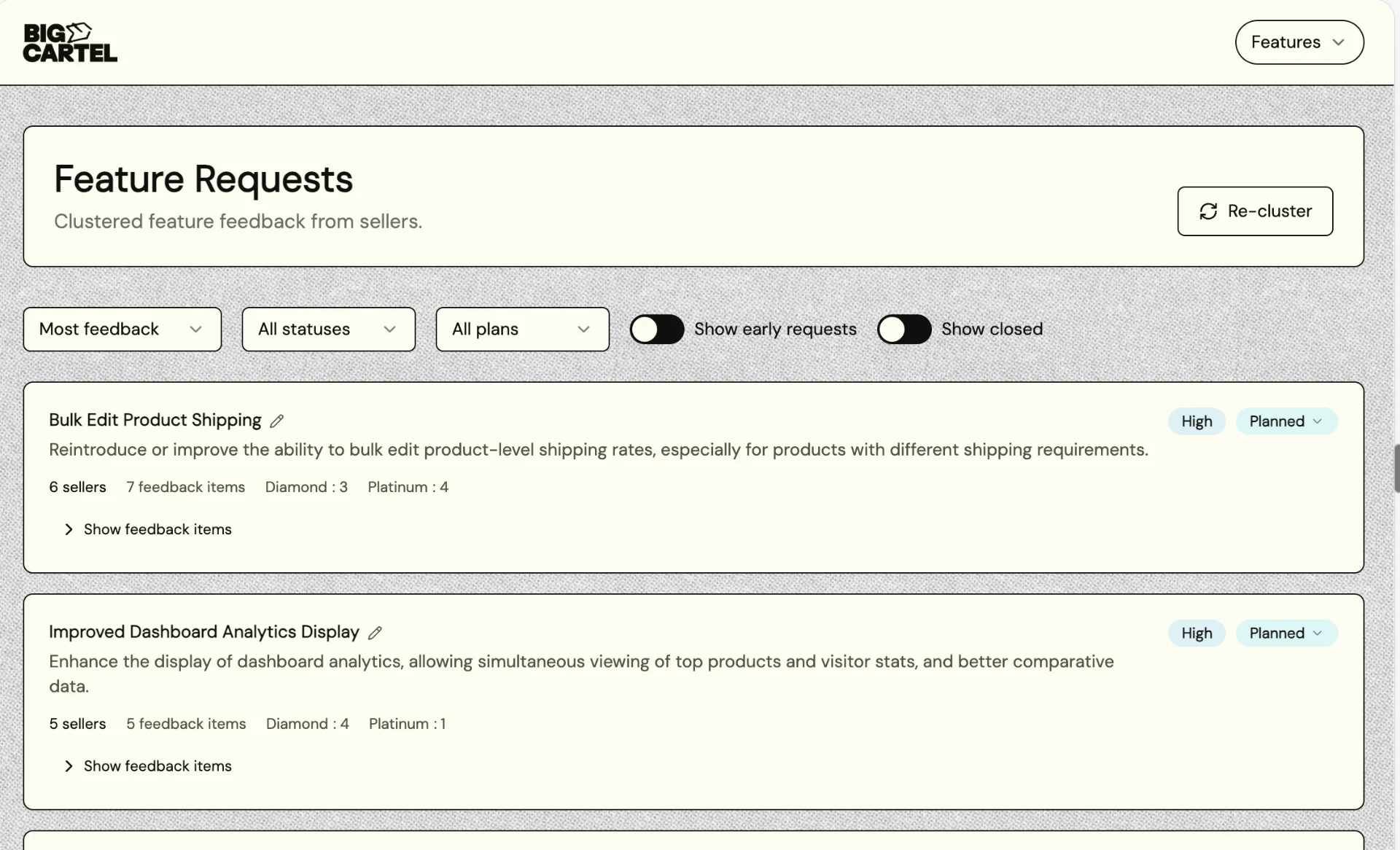 Feature requests clustered from seller feedback