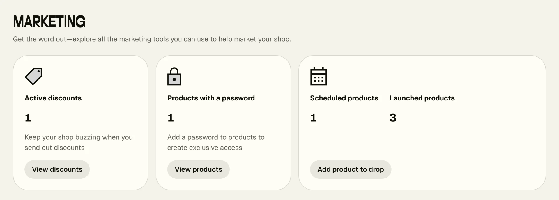 Marketing dashboard tiles showing Active discounts, Products with a password, and Scheduled products