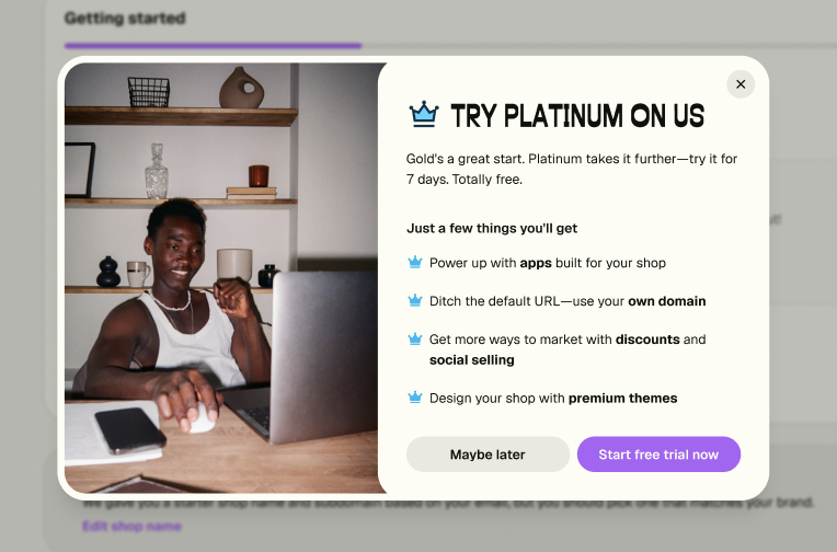 Big Cartel welcome modal offering a 7-day free Platinum trial with Start free trial now button