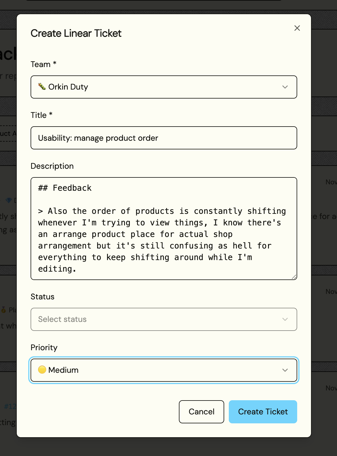 Create Linear ticket modal prefilled with feedback context