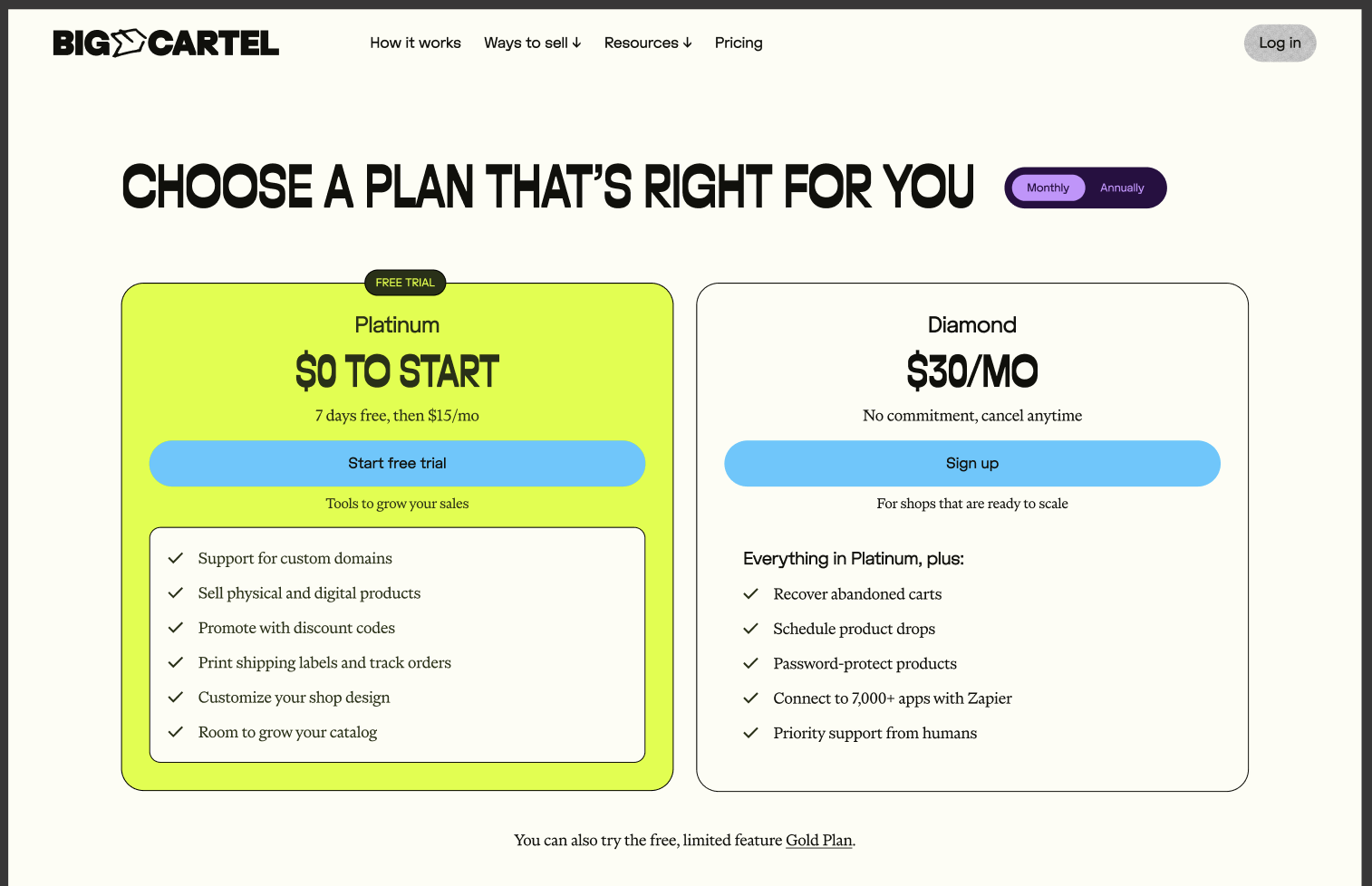 Big Cartel pricing page showing Platinum with a free trial as the headline offer and Gold demoted to a bottom-of-page link
