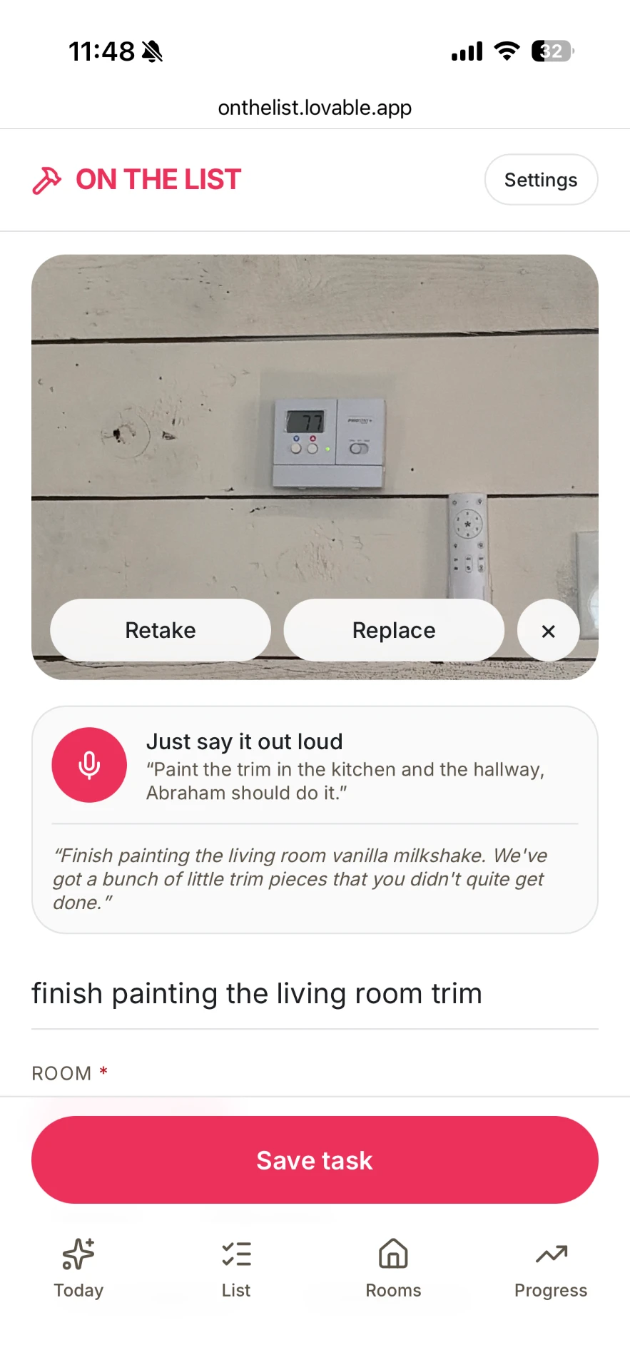 On the List add-a-task screen: a captured photo, voice transcript, inferred title, and room field