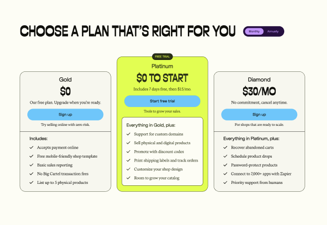 Big Cartel pricing page showing the Platinum plan with a $0 to start free trial offer highlighted