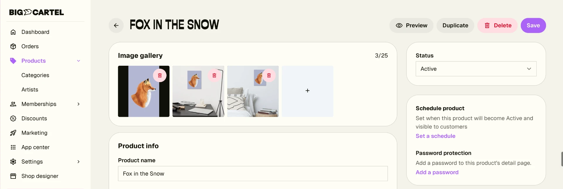 Product edit page for Fox in the Snow showing Schedule product and Password protection controls in the sidebar