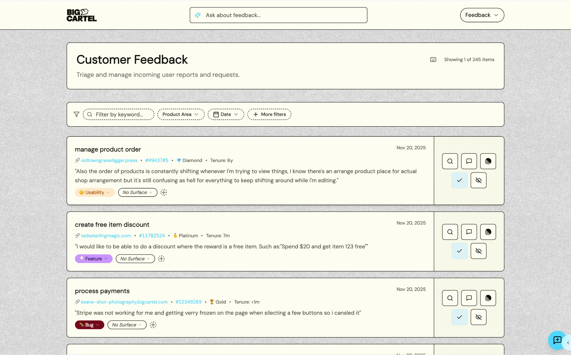 Customer feedback triage list with plan tier and tenure context