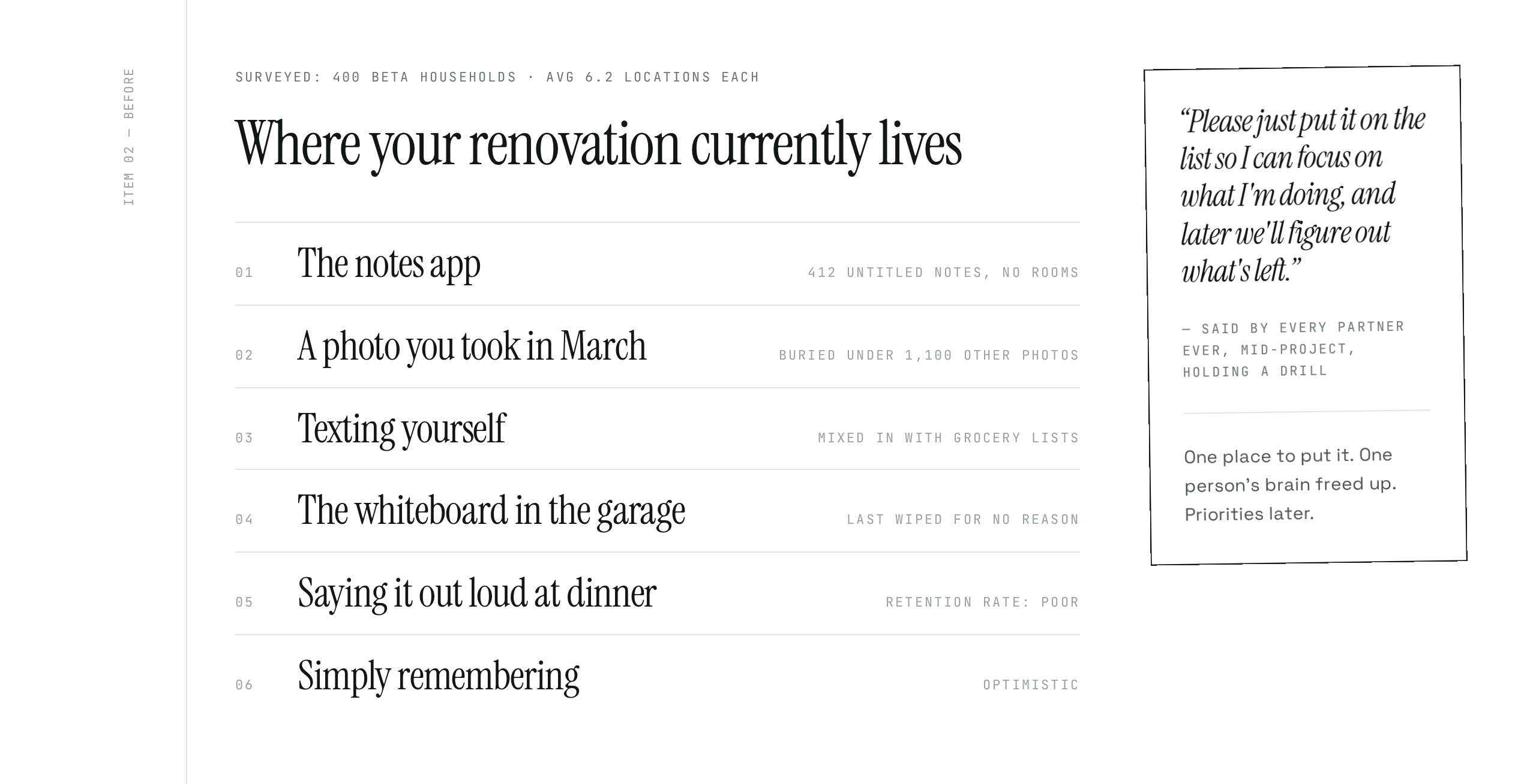 Marketing site section listing the places renovation to-dos currently live