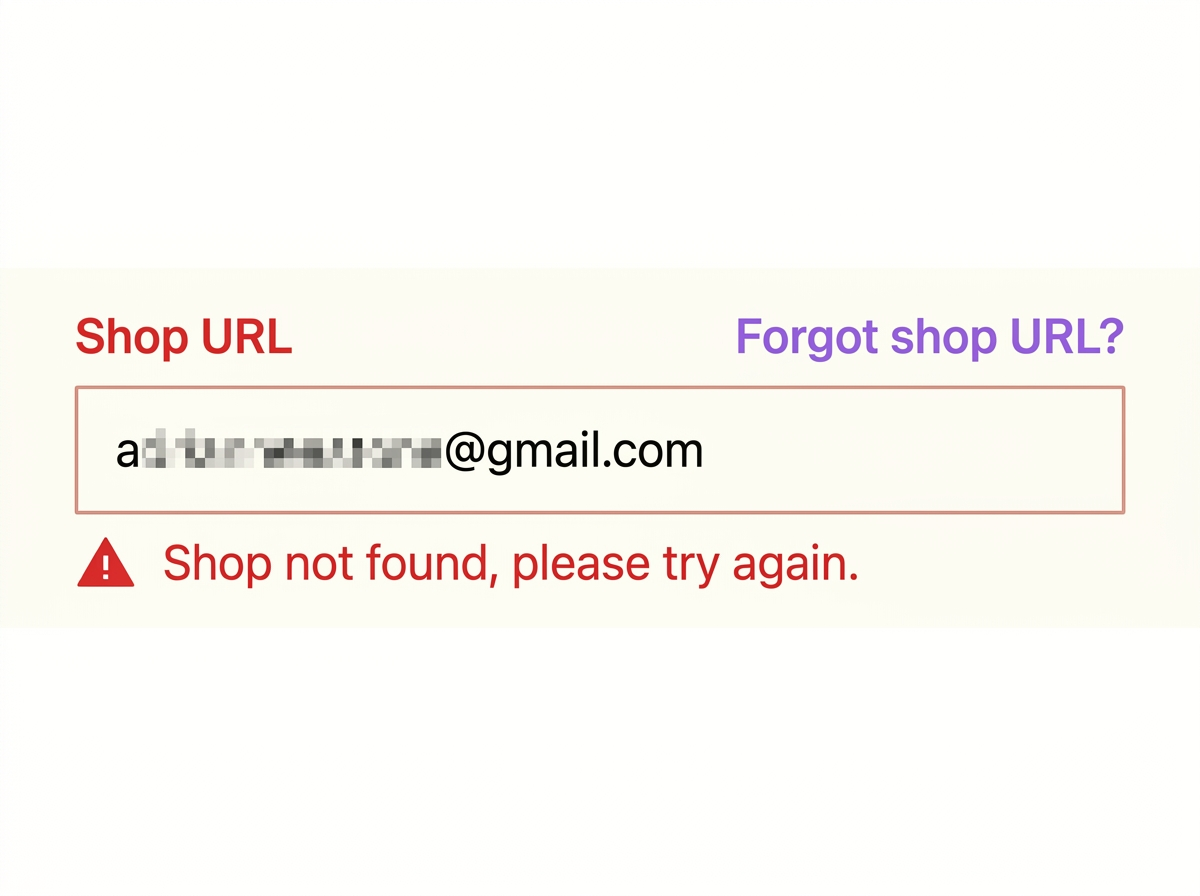Big Cartel sign-in form showing a Shop URL field filled with an email address and a 'Shop not found, please try again' error message.